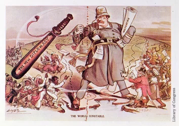 Cartoon of President Roosevelt Portrayed as a Giant Policeman Astride Two Continents